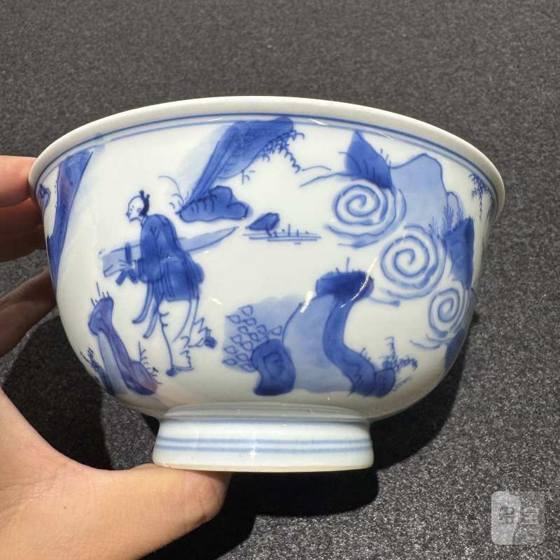 清康熙 青花携琴访友图碗 - 图3